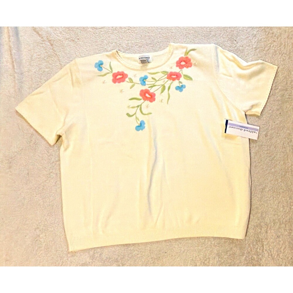 Alfred Dunner Womens Plus 3X Ivory Knit Floral Embroidered Beaded Pullover NWT